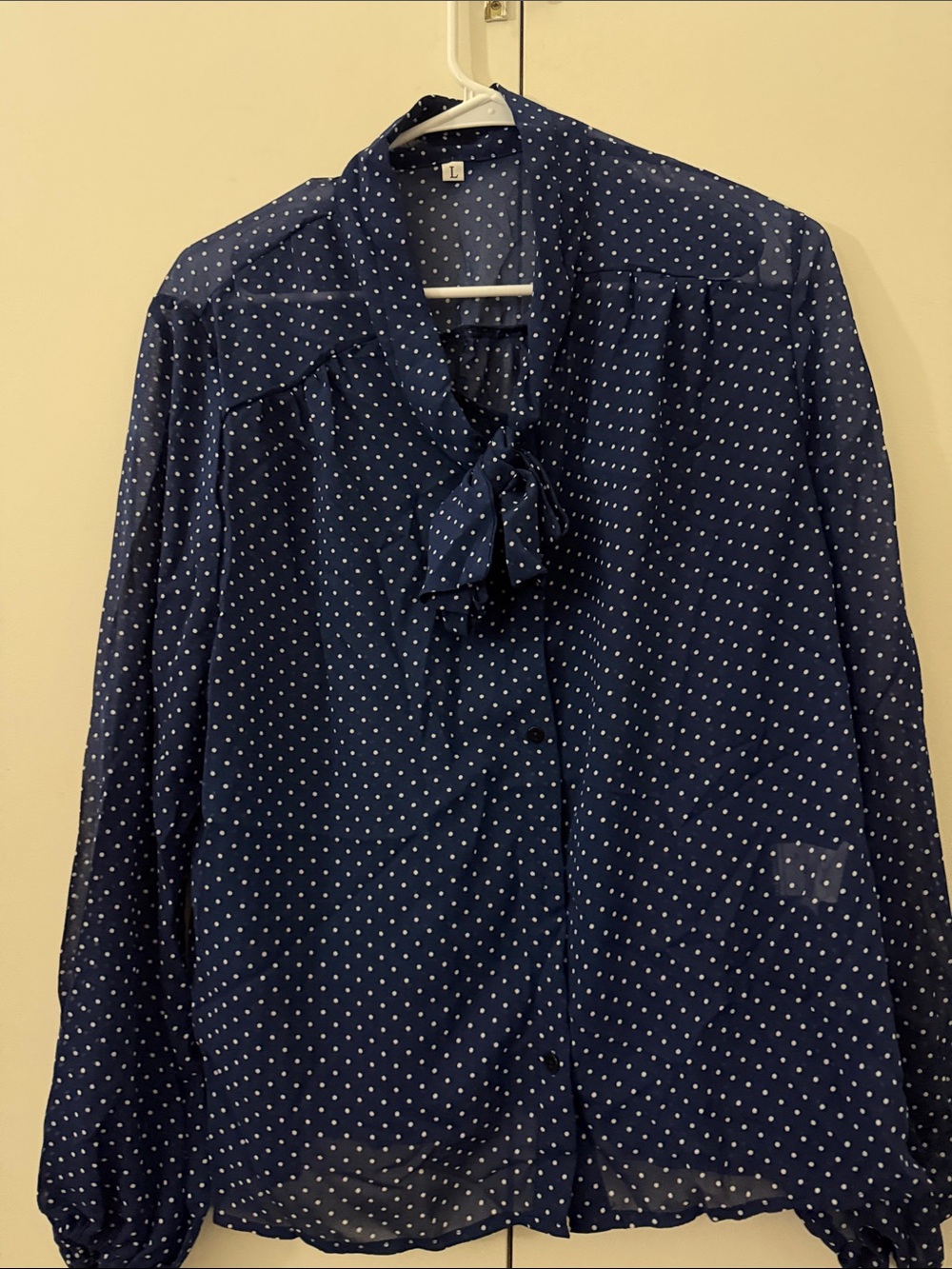 SHEIN Navy Blue Polka Dot Long Sleeve Tie-Neck Blouse